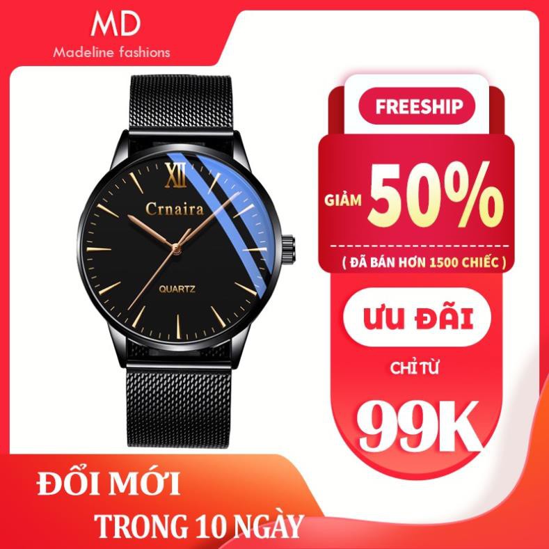 Đồng hồ nam đẹp CRNAIRA chính hãng, dây thép nhuyễn, mặt ánh xanh cực đep, mỏng chỉ 7mm, kiểu dáng hiện đại (Mã: ACR06)