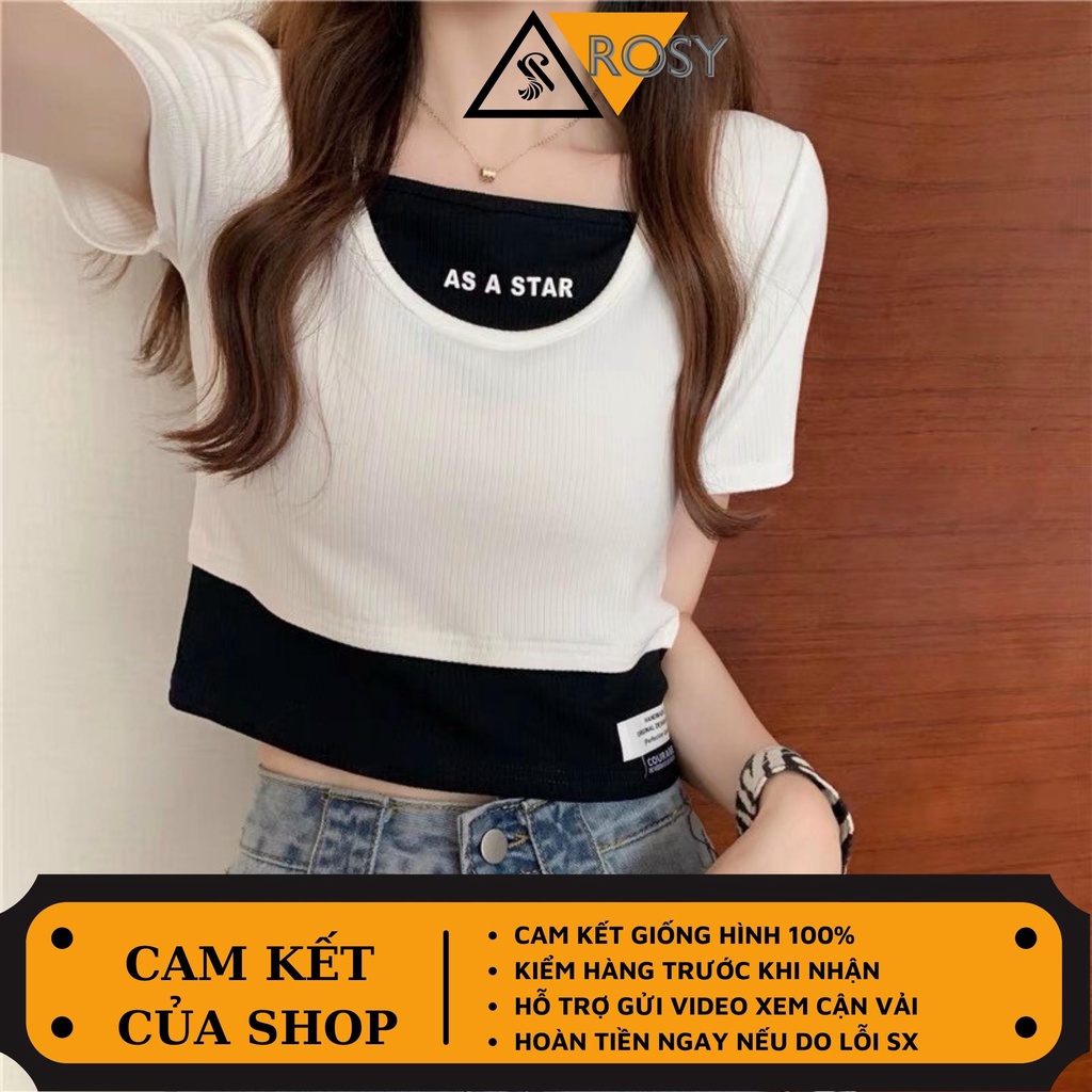 Áo croptop phối kiểu trơn cổ tròn free size dưới 55kg vừa