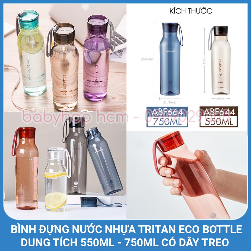 Bình nước nhựa tritan Lock&Lock eco bottle ABF664 750ml ABF644 550ml có dây treo - BABYHOPSG