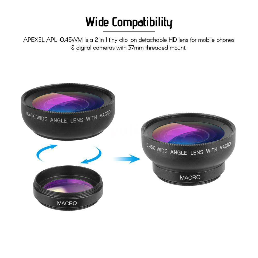 Ống kính góc rộng macro thương hiệu APEXEL APL-0.45WM 0.45X dạng kẹp điện thoại tiện lợi