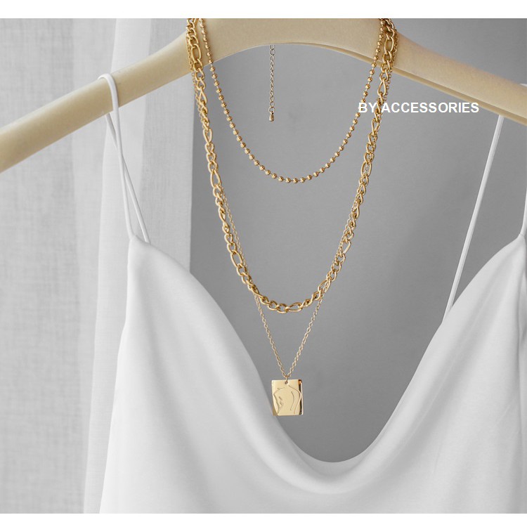 Set dây chuyền titan 3 tầng xích và mặt vuông lady không gỉ