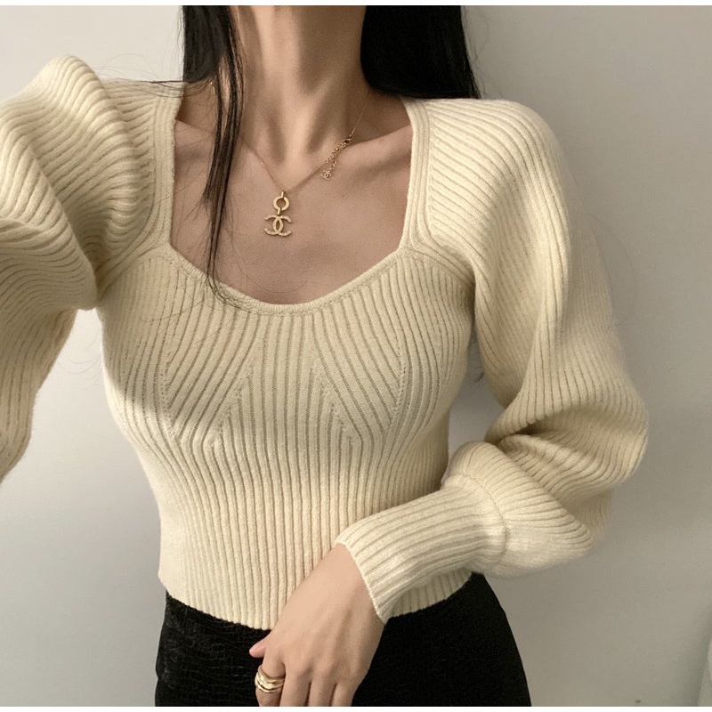 Áo sweater Cổ Vuông Tay Phồng Màu Trơn Thời Trang Thu Đông 2022