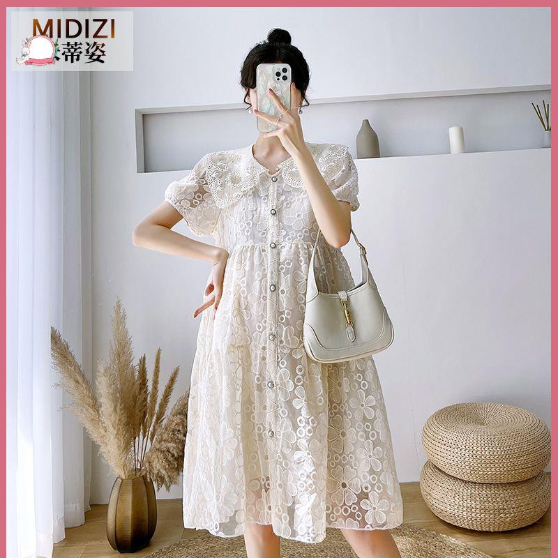 Váy babydoll Đầm Bầu Eo Cao Dáng Rộng Cổ Búp Bê Phối Ren Thời Trang Mùa Hè 2022