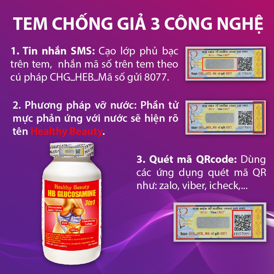 Viên Uống Giảm Triệu Chứng Đau Của Bệnh Viêm Khớp, Thái Hóa Khớp, Cột Sống HB Glucosamine 3 In 1 Healthy Beauty 200 Vên