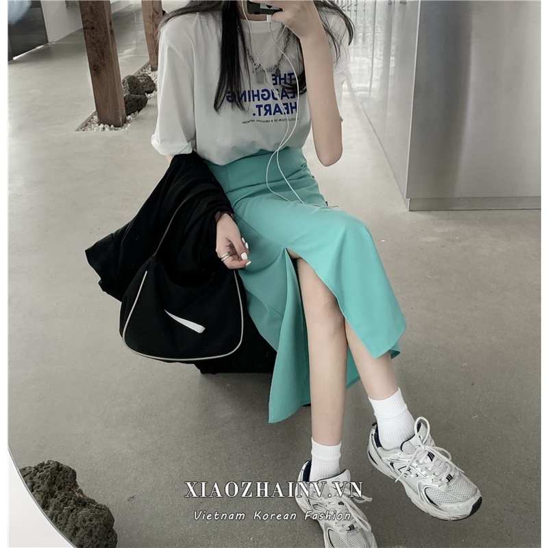 Áo thun ngắn tay/ Chân váy maxi xẻ tà phong cách Hàn Quốc dành cho nữ Xiaozhainv
