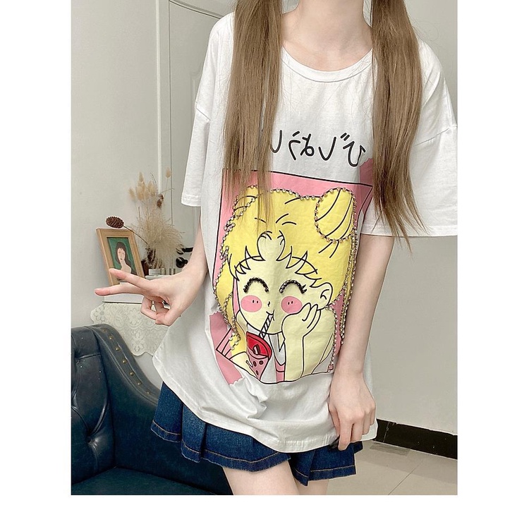 Sailor Moon Áo Thun Ngắn Tay In Hình Thủy Thủ Mặt Trăng Xinh Xắn Cho Nữ