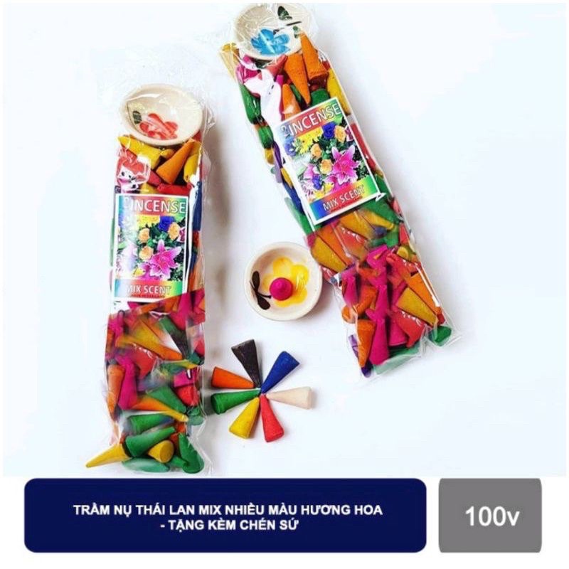 100 nụ Trầm Hương Mix Nhiều mùi hoa Kèm chén đốt Hàng nội địa Thái Lan