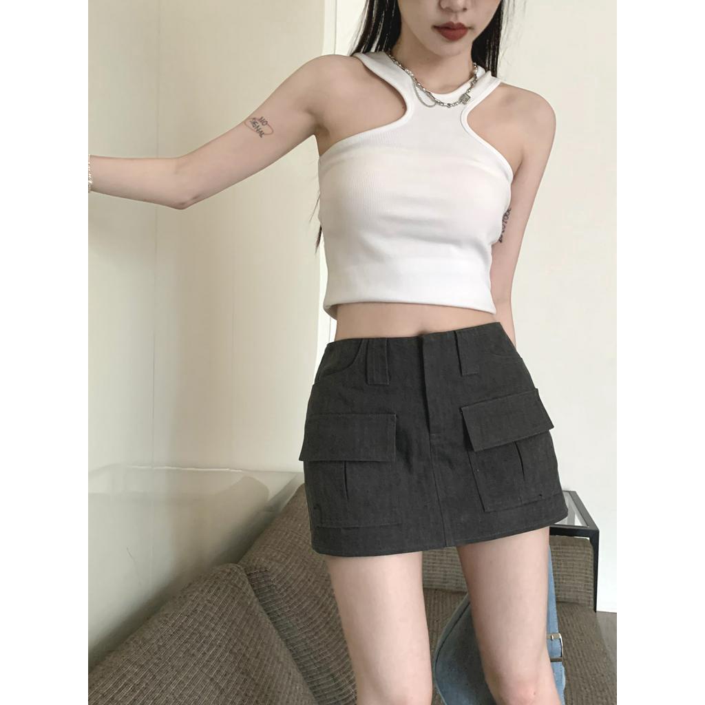 Chân Váy Yếm Denim Lưng Thấp Phong Cách Retro 63953