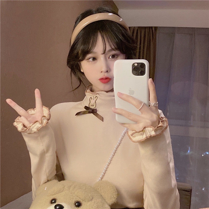 Áo Thun Tay Dài Cổ Cao Phối Lông Đính Nơ Dễ Thương Cho Nữ Sinh