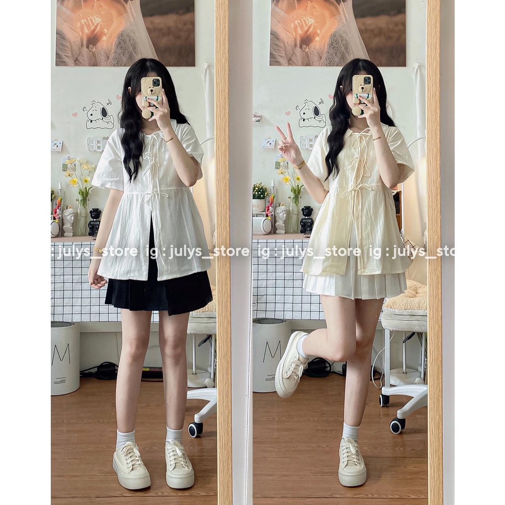 Set áo babydoll cổ 3 nơ và chân váy ngắn (ảnh thật shop chụp kèm video)