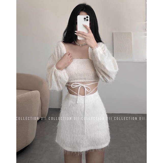 DII COLLECTION - Bộ váy thiết kế lông vũ thắt eo 3 món