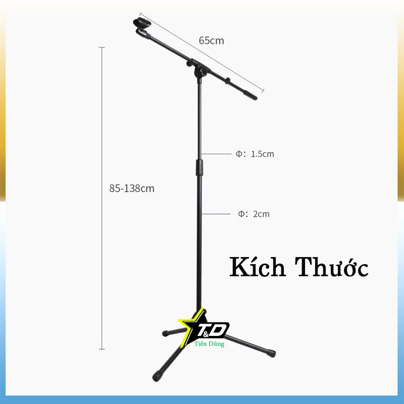 Chân mic đứng có 2 giá để mic hoặc điện thoại - Chân mic cao 1.7m thay đổi độ cao và xoay 180 độ