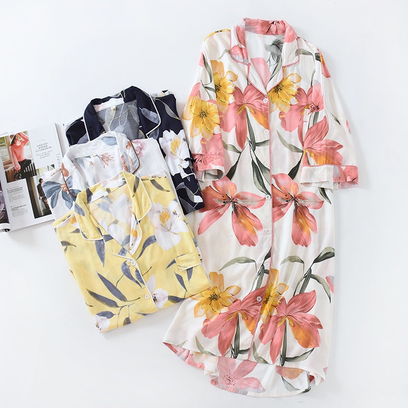 Đồ Ngủ Áo Khoác Xuân Hè Cotton Rayon Nữ Váy Ngủ Hoa In Hình Rayon Bộ Đồ Ngủ Áo Tắm Cho Nữ