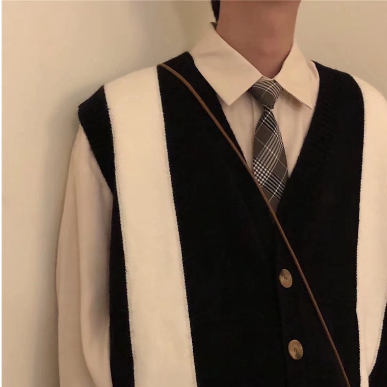 Áo cardigan len không tay dáng rộng màu sắc tương phản phong cách harajuku dành cho nam giới áo sweater khoác  thời trang áo tay lỡ  phối hàn áo dệt kim