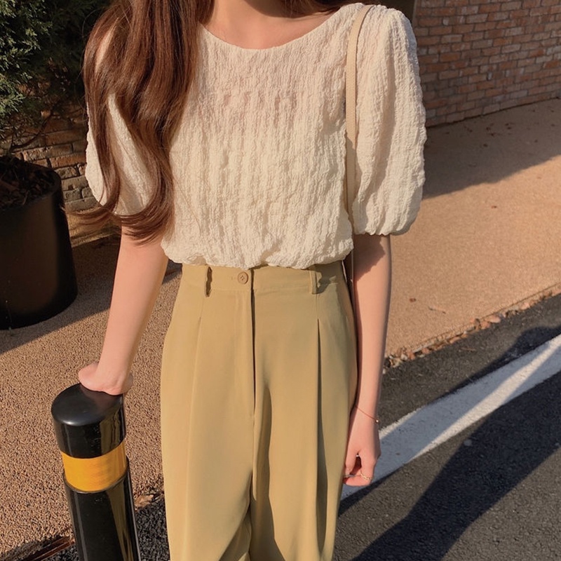 Áo kiểu IELGY vải chiffon ngắn tay thoải mái thiết kế họa tiết dễ thương cho nữ