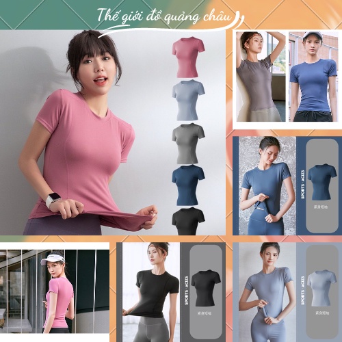 XẢ KHO Áo Thun Gym Nữ - Áo Yoga Nữ Cộc Tay Tôn Dáng Vải Poly Thấm Hút Mồ Hôi - Hàng Quảng Châu