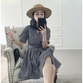 Đầm Váy caro cổ trụ bo eo (kèm hình thật)