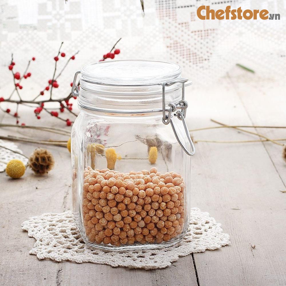 Hũ thủy tinh 💥 Bộ 2 hũ thủy tinh vuông có nắp cài size 1 lít BORMIOLI ITALY đựng thực phẩm khô đựng gia vị...tiện dụng