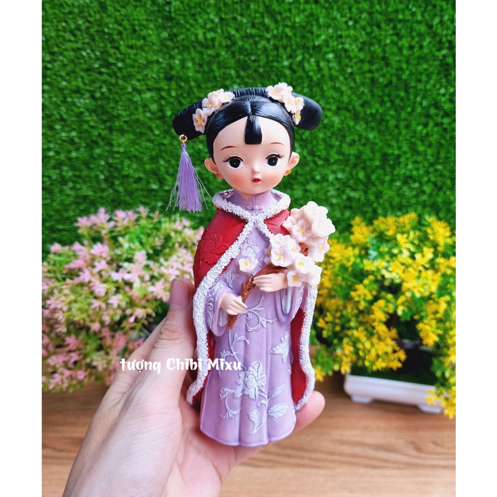 Tượng chibi thiếu nữ cầm nhành hoa cổ trang 3D