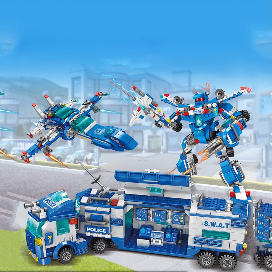 [700 chi tiết] Đồ chơi lego lắp ráp lego xe cảnh sát s.w.a.t và mô hình lắp ghép lego robot xanh dương
