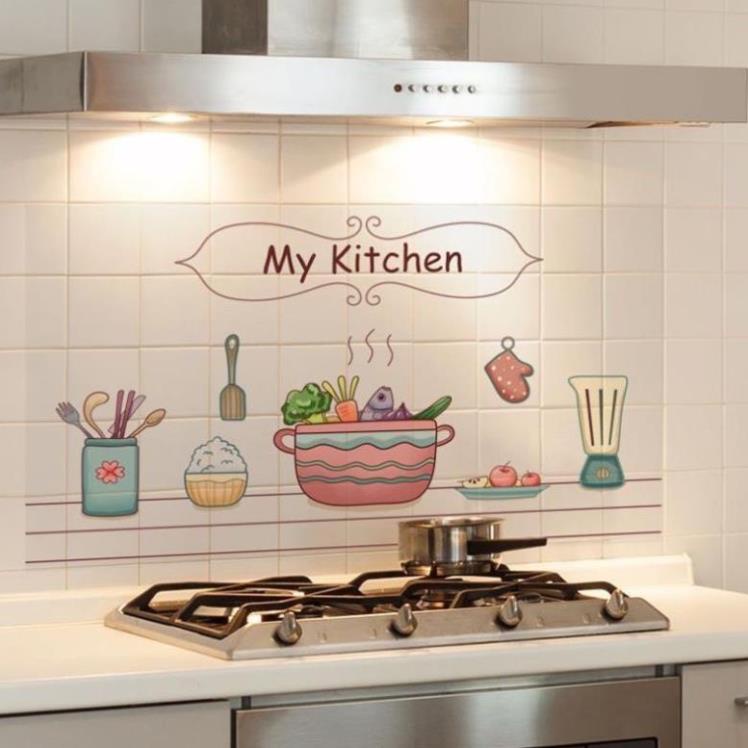 Decal dán tường nhà bếp, tấm dán chống dầu mỡ chịu nhiệt cao họa tiết 3D
