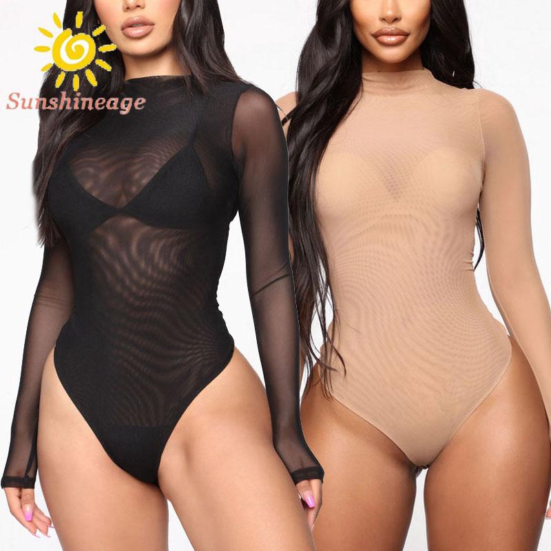 Bodysuit dài tay phối lưới xuyên thấu phong cách quyến rũ dành cho nữ