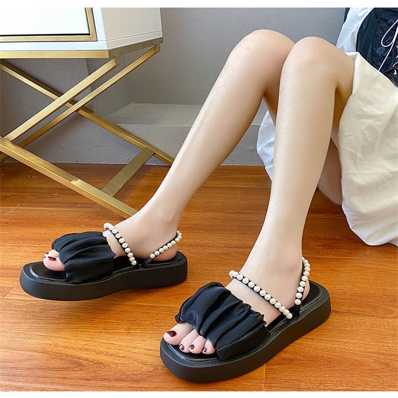 Dép sandal nữ ngọc trai dép cài quai đế dày dép quai ngang