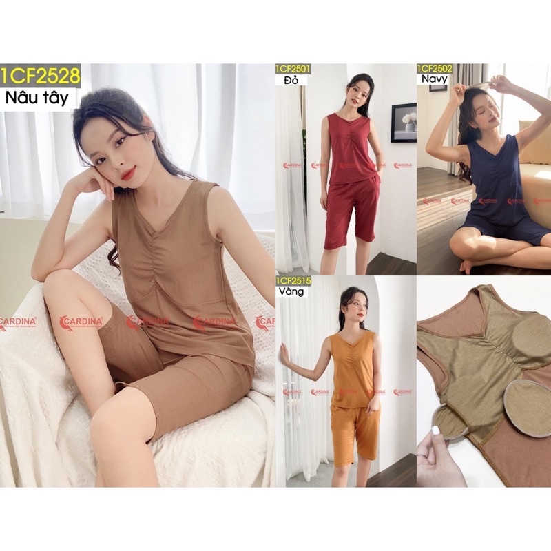 Đồ bộ nữ CARDINA chất cotton Nhật cao cấp áo sát nách kèm bra tháo rời tiện lợi 1CF25.