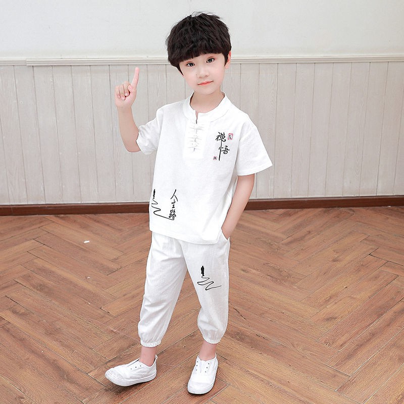 năm 2021 bé trai mới lớn Bộ đồ cotton và lanh kiểu Trung Quốc, áo ngắn tay cho trẻ em niên, quần chín điểm, Tang h