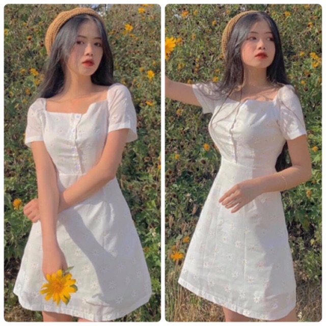 ĐẦM HOA CỔ VUÔNG (KÈM VIDEO HÌNH THẬT)