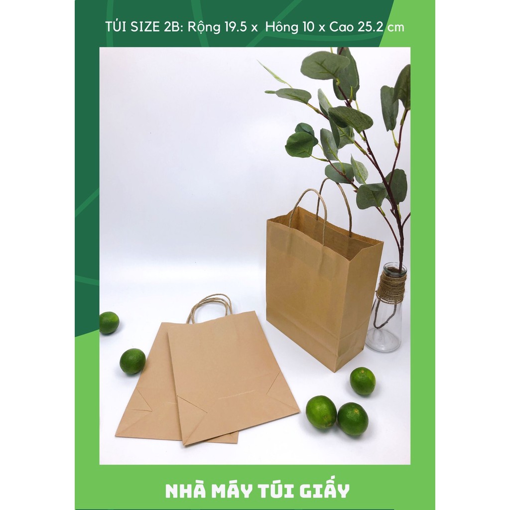 Túi giấy nâu có quai Size 2B:19.5x10x 25.2 cm túi đựng hàng 3kg