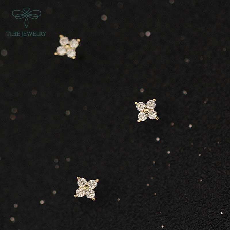 Khuyên tai bạc nữ TLEE nhí hoa đá bốn cánh nhỏ nhắn TleeJewelry B0152