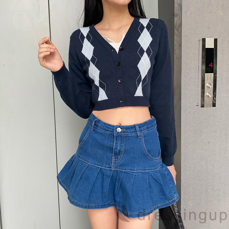 DRESSINGUP-Áo Sweater Dệt Kim Hoạ Tiết In Thiết Kế Cổ Chữ V Thời Trang Cho Nữ