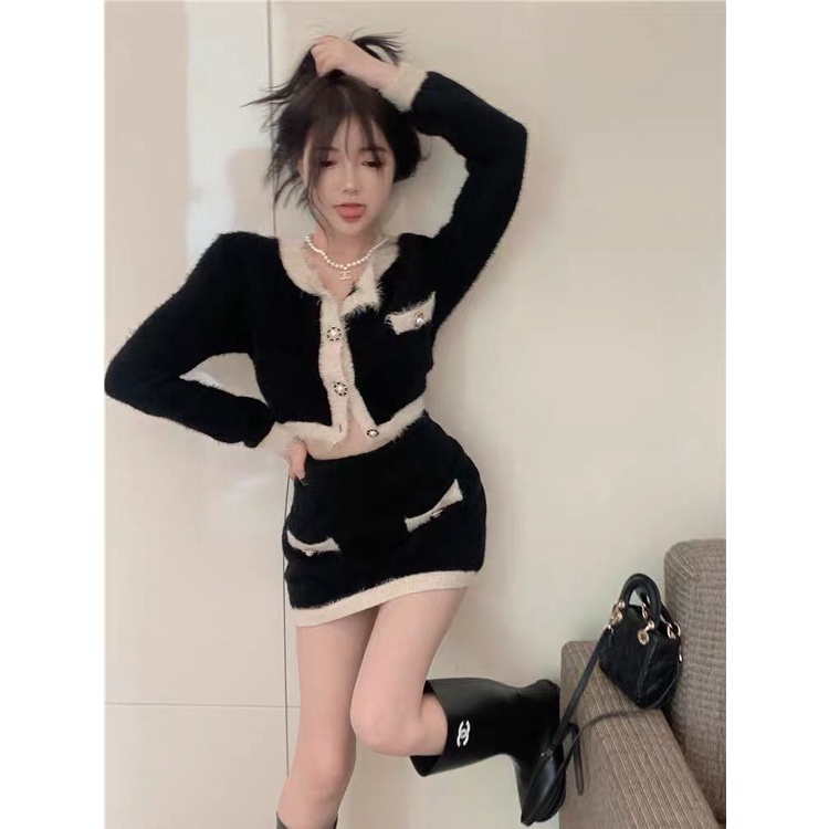 Set áo len dài tay cardigan croptop phối chân váy ngắn body