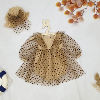 [HÀNG THIẾT KẾ] - Set Body Váy Chấm Bi Nâu Kèm Mũ Cho Bé