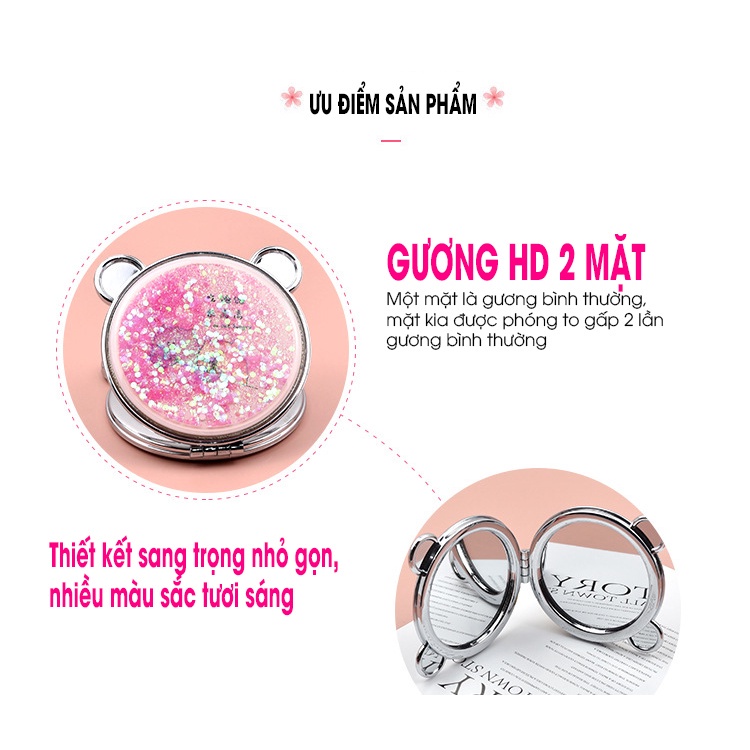 Gương trang điểm mini, gương nhũ tròn nhũ kim tuyến 2 mặt