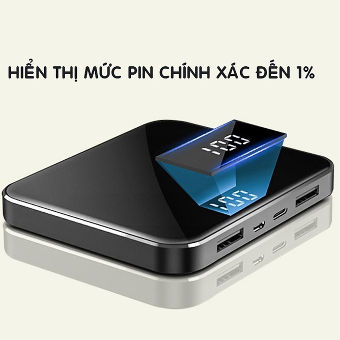 Pin Sạc Dự Phòng mini Siêu Mỏng Mặt Kính Nhỏ Gọn Power Bank 20000mAh Đèn Led Chữ Số 2 Cổng Đầu Ra USB