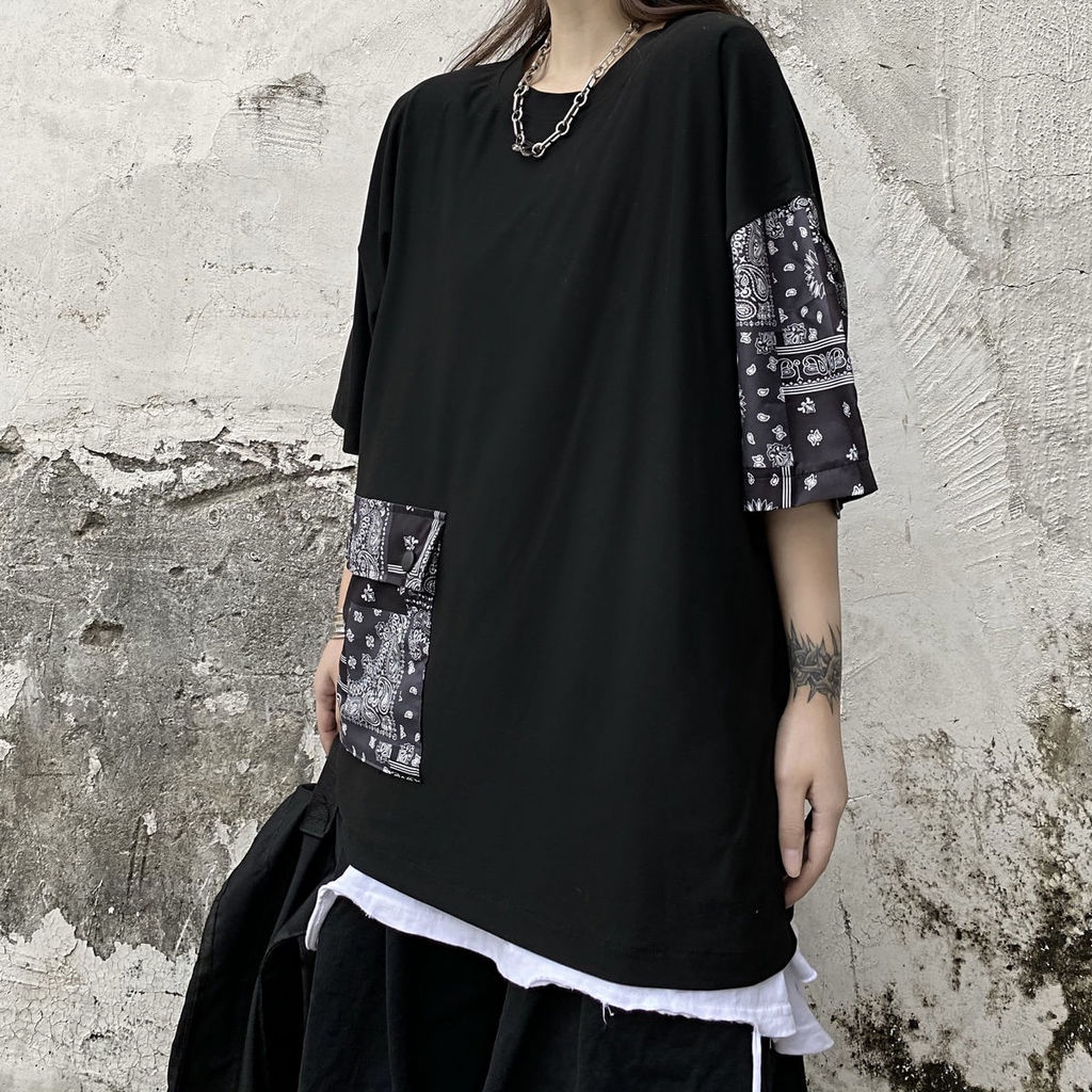 Áo Thun Phối Túi Lớn Họa Tiết Hoa Xinh Xắn Thời Trang 191901Áo Thun Tay Ngắn Dáng Rộng Phong Cách Harajuku Retro Cho Nam Nữ