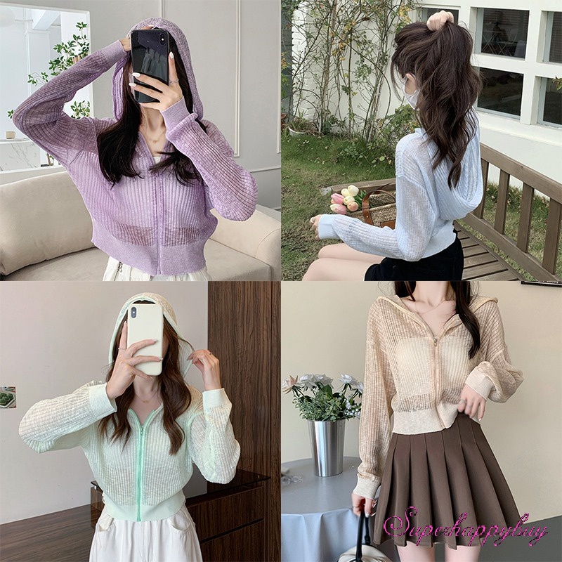 Áo Khoác Cardigan Dệt Kim Chống Nắng Vải Lụa Lạnh Mỏng Xuyên Thấu Có Mũ Trùm Che Nắng Cho Nữ