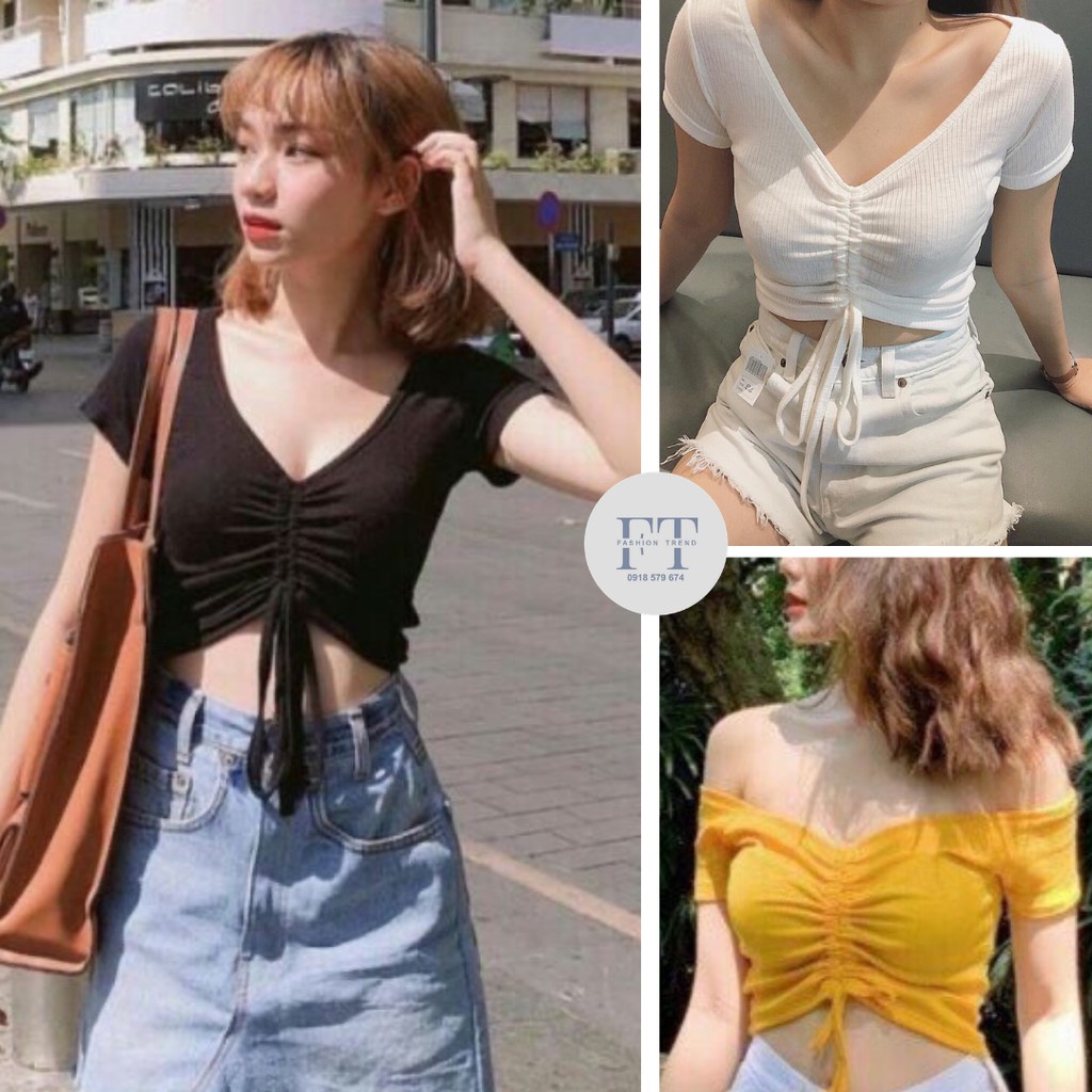 Áo Croptop Rút Dây Giữa Ngực ⚡FREE SHIP⚡ Freesize dáng ôm nhẹ chất thun gân mềm mịnh thoáng mát < 55kg