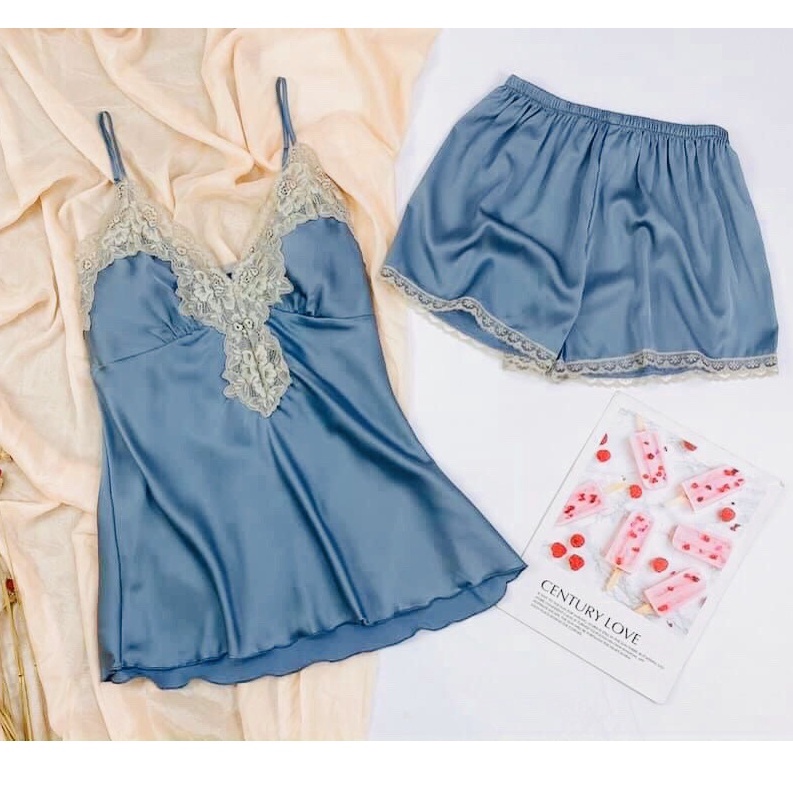 Đồ ngủ sexy / Set bộ 2 dây phối ren có mút ngực, chất liệu SATIN cao cấp loại 1, kèm quần đùi cute, freesize dưới 65kg S