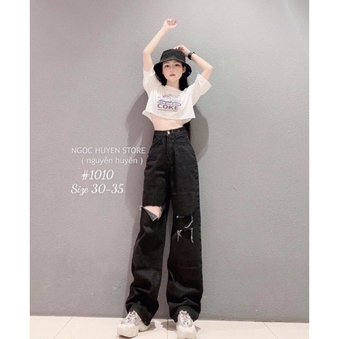 Quần Baggy Nữ Lưng Cao Bigsize Rách Nhiều Kiểu Màu Đen Thời Trang Cá Tính