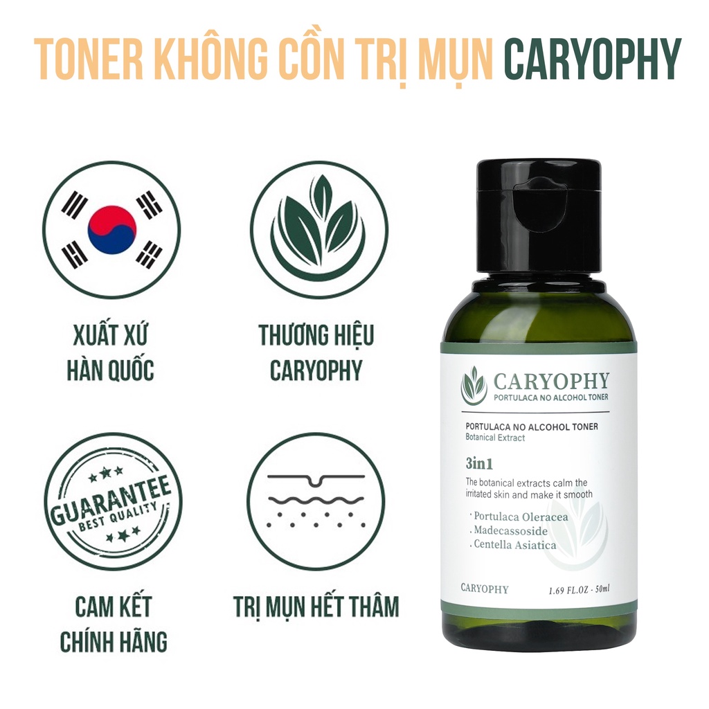 Bộ chăm sóc da mụn Caryophy Portulaca (Tẩy trang 60ml Toner 50ml Serum 10ml KCN 5ml)