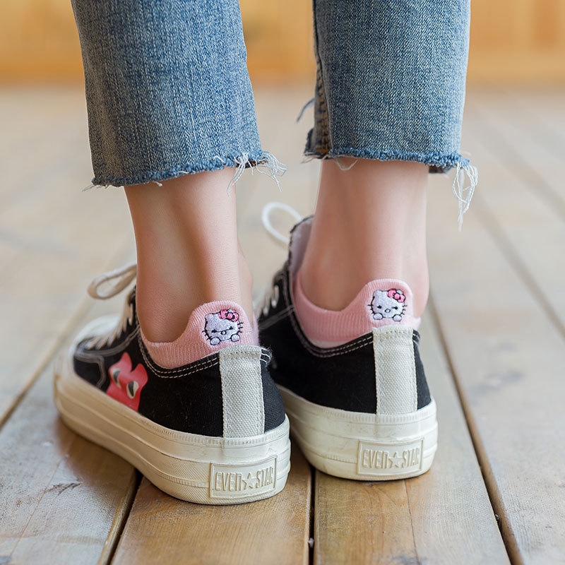 Cute Cat Embroidered Heel Protector Ankle Socks Girls Women Cotton Animals School Japanese Non Slip White Pink Low Cut Socks Kawaii