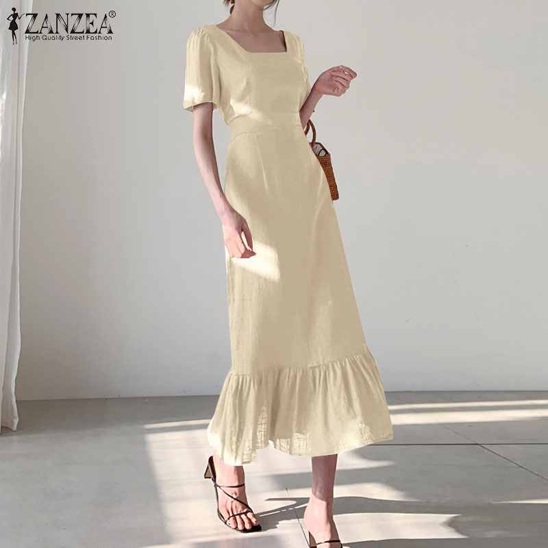Đầm ZANZEA Ngắn Tay Cổ Vuông Ôm Dáng Phối Bèo Thanh Lịch Cho Nữ