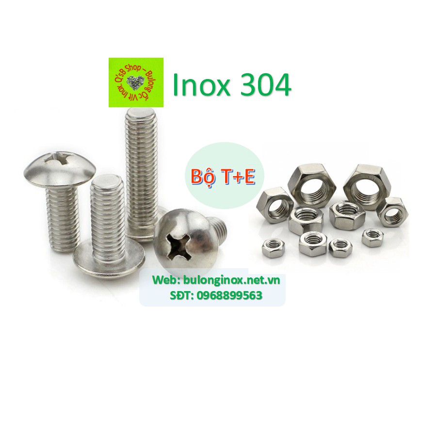 Vít pake đầu dù inox size M4 và M5  bộ T+E , ốc 4 cạnh đầu dù  inox, ốc vặn tua vít đầu dù thân bulong, inox 304