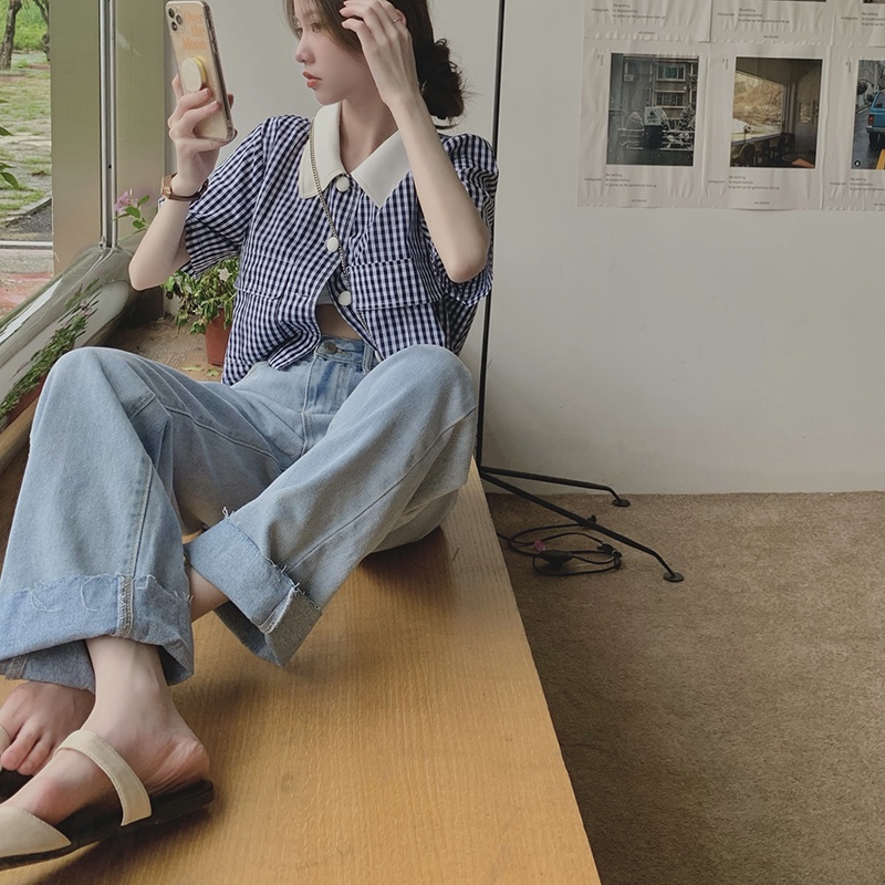 Áo Sơ Mi Tay Ngắn Họa Tiết Sọc Caro Xinh Xắn Thời Trang Mùa Hè Cho Nữ