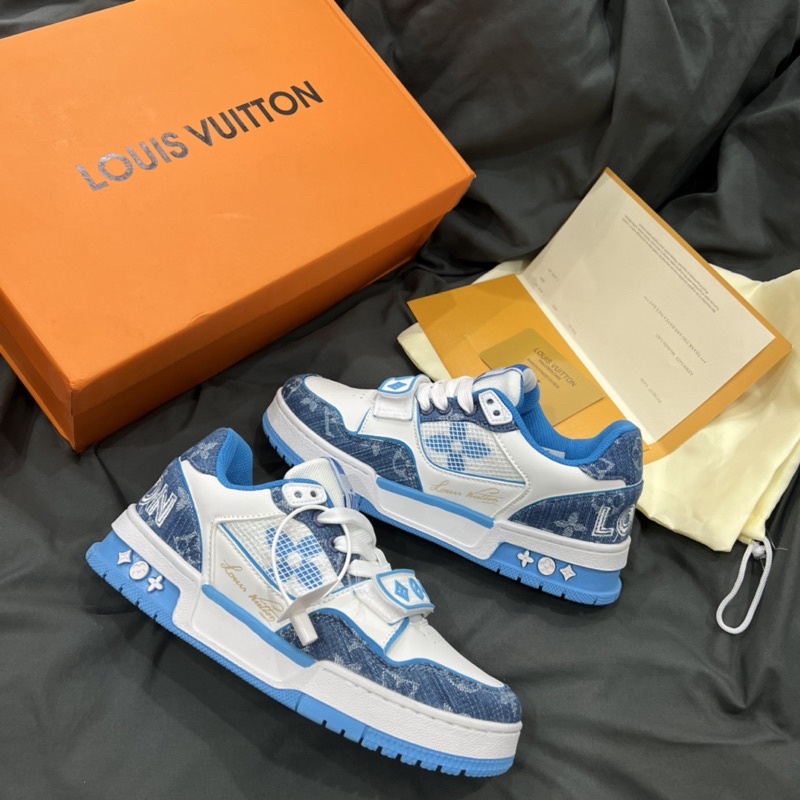 GIÀY LV TRAINER TRẮNG XANH QUAI DÁN BLUE WHITE LAI AU NAM NỮ CAO CẤP