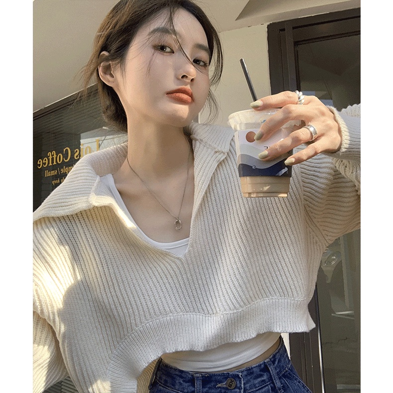 Áo ZHELIHANGFEI dệt kim tay dài cổ polo dáng ngắn thiết kế lệch tà phong cách cá tính dành cho nữ