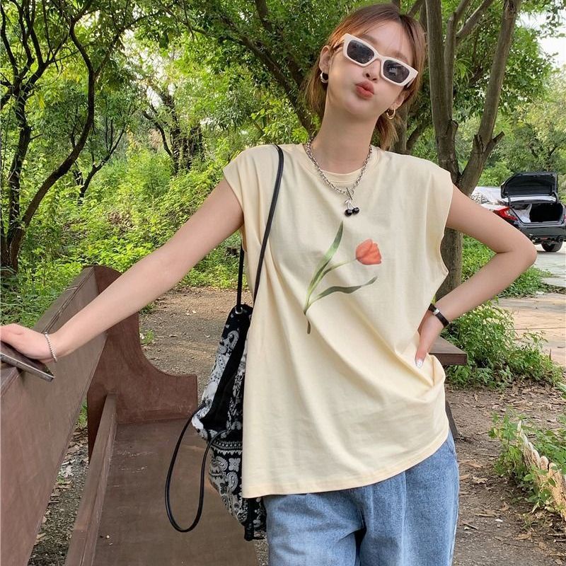 Jiashucheng Áo Thun Nữ Không Tay In Hình Hoa Tulip Phong Cách Hàn Quốc Mới